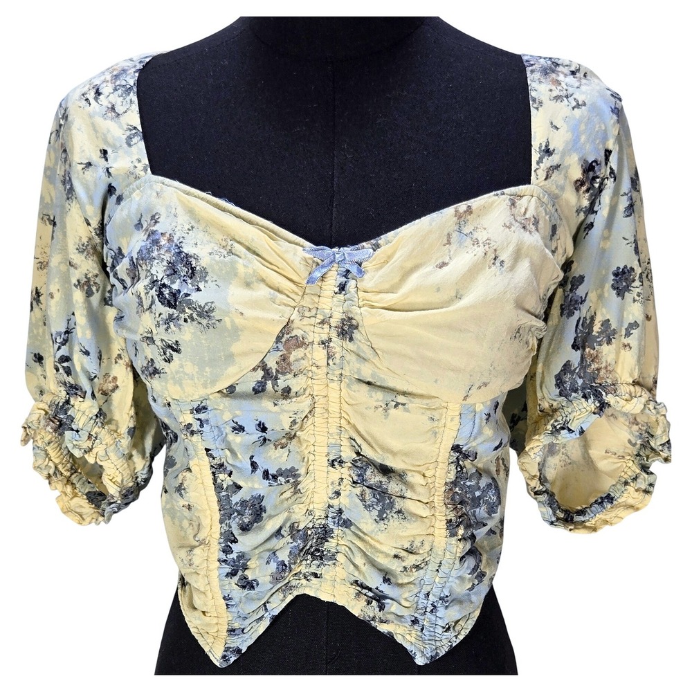 Women's Urban Outfitters L Floral Ruched Corset Puff Sleeve Crop Top Ren Faire